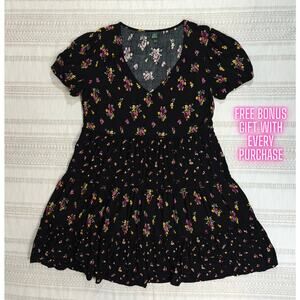 Wild Fable Black Floral Tiered Mini Dress Puff Sleeves Size L